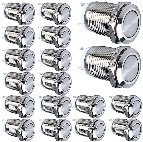 GUUZI 18st 12mm 2A 12V/24V/125V/250V AC Momentan Vattentät Tryckknapp På-Av Rostfritt Stål Tryckknapp (Platt Huvud)