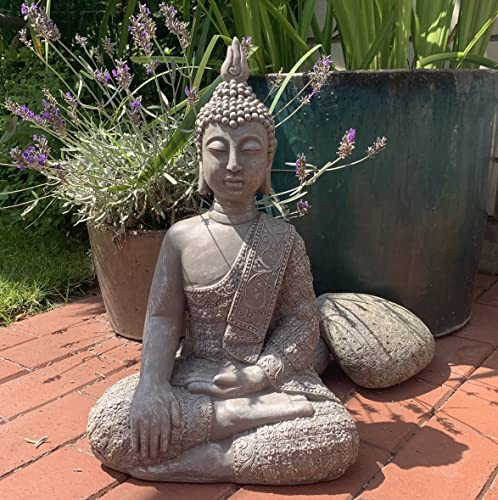 K&L Wall Art Statua di Buddha grande in cemento grigio pietra artificiale Buddha Feng Shui, statuetta decorativa da giardino (altezza 45 cm, grigia)
