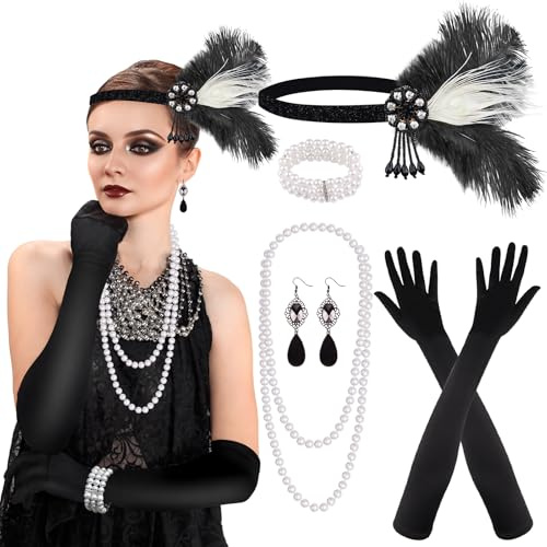 PLULON 8 teiliges 1920er Flapper Great Gatsby Accessoires-Set Fashion Roaring 20's Theme Set mit Stirnband, Kopfbedeckung, langen schwarzen