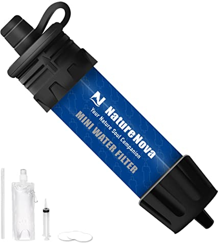 NatureNova Mini filtre à eau portable pour randonnée, camping, survie - Bleu