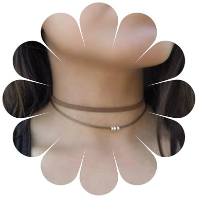 Inilbran Boho Layered Leather Choker Halskette Brown Leather Cord Choker Necklace Gothic Brown Collar Necklace Short Silver Bead Necklace Jewelry for Women and Girls
