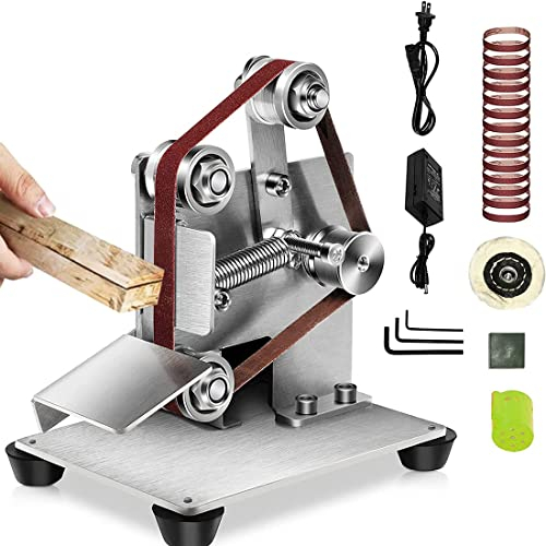 Mini ponceuse à bande, affûteur de couteaux micro banc, rectifieuse de polissage électrique réglable à 7 vitesses, avec 15 courroies abrasives pour le bricolage, le travail du bois, le métal, le plast