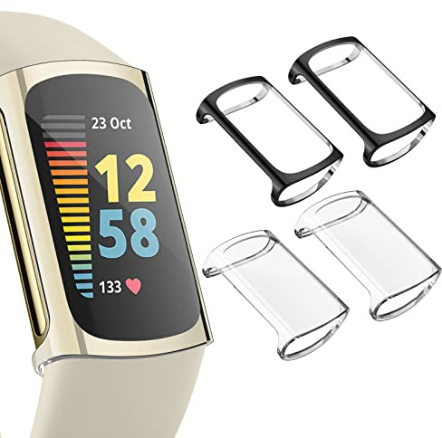 WOOZ Screen Protector Compatible with Fitbit Charge 6 / 5, Soft TPU All-Around Cover Anti-Scratch Cases Bumper (Black + Clear)