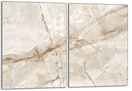 Herdabdeckplatten Set 2x40x52 cm Ceranfeld Abdeckung Glas Spritzschutz Abdeckplatte Glasplatte Herd Ceranfeldabdeckung Deko, Marmor Beige