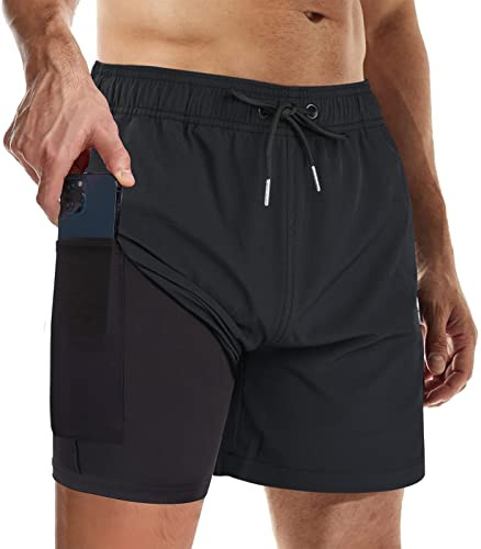 Wantonfy Badbyxor för män med kompression 2 i 1 strandshorts dubbla lager snabbtorkande badshorts surfande strandshorts, Svart, XL