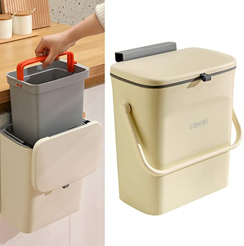 FARI 2-in-1 Küchen-Mülleimer mit Schiebedeckel, Mülleimer unter der Spüle, 9 L Abfalleimer mit Innenfass, tragbarer Mülleimer zum Aufhängen mit klebrigem Haken und Schaber (Beige)