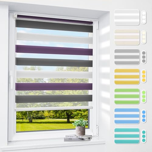 Doppelrollo klemmfix ohne Bohren & mit Bohren, 35x150cm (BxH) Weiß Lila Anthrazit, 3-in-1 Duo Rollo für Fenster & Tür, Fensterrollo innen lichtdurchlässig & verdunkelnd, Klemmrollo Rollos Sonnenschutz