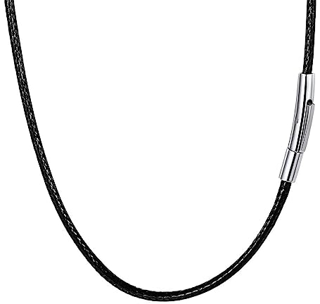 Chaîne Collier Homme Noir Cordon de Cire Imperméable, Chaîne en cuir véritable Noir Épaisseur 2/3/4 mm avec fermoir mousqueton en acier inoxydable - Longueur 46/51/56/61cm (51.00, noir-largeur 3 mm)