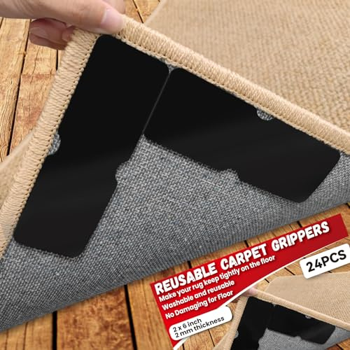 Rug Carpet Non Slip Grippers, Reusable Rug Tape Pads, No Damaging for Hardwood Floors, Strong Hold Carpet Corner Stickers for Area Rugs Flat, Removable, 8Pcs