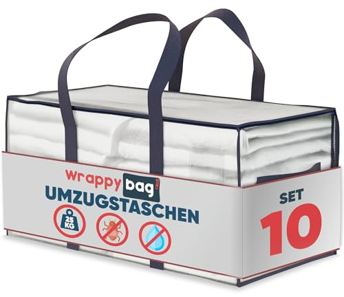 WRAPPYBAG Borse Trasloco Resistenti XXL in Set da 10 - Ideali come Sacchi per Trasloco e Borse Salvaspazio – Superficie Idrorepellente con Maniglie Rinforzate – Per Vestiti e Biancheria - 75×36×38 cm