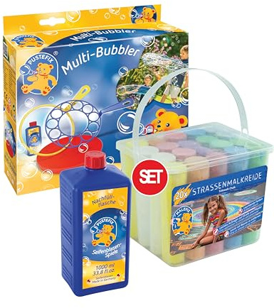 MALEFIX Straßenkreide 20er Packung + PUSTEFIX Multi-Bubbler mit Seifenblasen Nachfüllflasche 1 L I Spiel & Spaß für Kinder I PUSTEFIX Seifenblasen Set