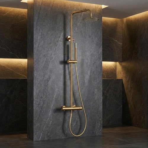 IMEX - Columna Ducha Termostatica Oro con Grifo | Conjunto de Ducha con Alcachofa y Rociador Antical Efecto Lluvia | Griferia en Latón y Acero Inox S.304 con Barra Extensible Dorada | Serie Monza