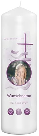PhotoFancy® - Personalisierte Konfirmationskerze - Fotokerze mit eigenem Foto/Text bedrucken lassen - Kerze mit Konfirmations-Design: Seelenfrieden - 29 cm Höhe