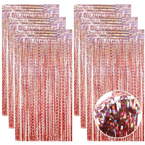 QEEYON 6 Stück Lametta Vorhang Roségold - JGA Frauen Party Vorhänge Glitzer Party Vorhang Folien Fransen Hintergrund fur Geburtstag Hochzeit Abschluss Junggesellenabschied Party Deko (1m x 2m)