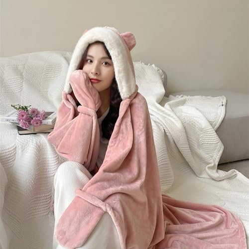 WJUHYGTF Kuscheldecke Mit Kapuze, Tragbare Bärenohren Decke Geschenke Für Damen Sofadecke Flauschig Sherpa Ärmeldecke TV Fleecedecke Weich Wohndecke Winterdecke,Rosa