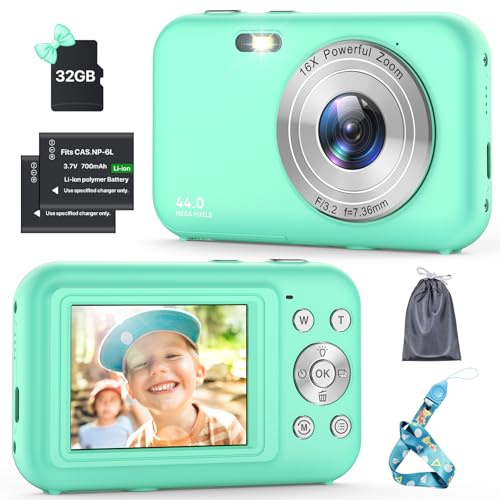 Digitalkamera, Kamera Fotokamera mit 32GB Karte, 44MP 1080P HD Kinderkamera mit 16X Digitalzoom Kompaktkamera, Wiederaufladbare Fotoapparat mit 2 Akku, Kamera für Kinder, Teenager, Anfänger(Grün)