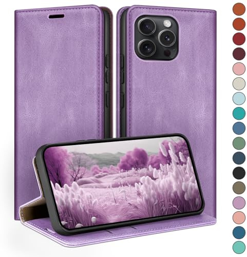 HUOUH für iPhone 15 Pro Max 6.7 Hülle mit RFID Schutzhülle aus Lederhülle Handyhülle,Kartenfach Leder ständer Handy hülle,360 Grad Schutz Cover für Apple 15 Pro Max Klapphülle Case Flieder Lila