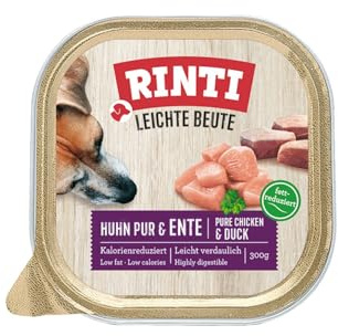 RINTI - Proie légère | Nourriture Humide réduite en Calories avec Viande Maigre Faible en Gras pour Chiens Adultes sensibles - Aliment Complet dans des Bols Pratiques | 9 x 300 g Poulet Pur + Canard