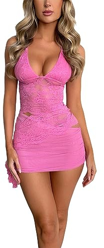 Loalirando 2 Pièces Ensemble Sexy en Dentelle Femme Jupe d'Été pour Femme Transparente Dentelle Fleur Licou Cami Tops + Mini Robes Jupe Courte Combinaison Moulante Élégante, rose, M