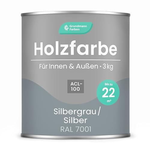 Grundmann Holzfarbe ACL 100 - Holzlack 3 Kg Silber - 4in1 inkl. Grundierung - Seidenmatt - Wetterfest für Innen & Außen - RAL 7001 Silbergrau