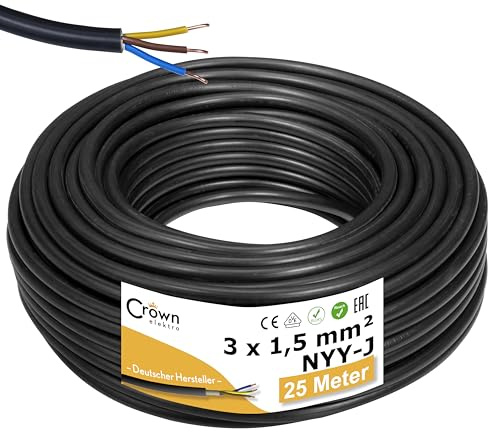 NYY-J 3x1,5mm² 25m Erdkabel Länge am Stück | Elektrokabel Ring für Verlegung im Erdreich & Außenbereich | Kupfer Eindrähtig DIN VDE 0276 Teil 603/627 | Deutsche Markenhersteller