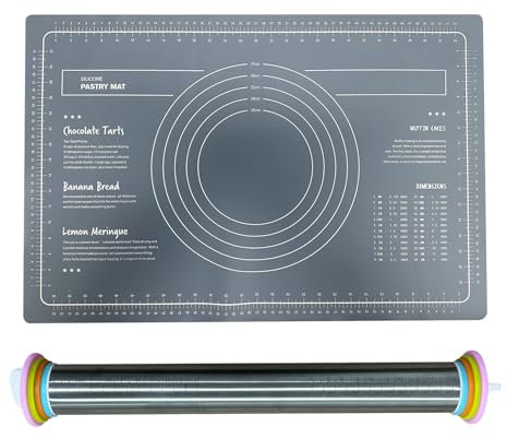 NEXROLA Mattarello con Spessori, Mattarello Acciaio Inox Piccolo Antiaderente, con 4 Dischi Regolabili e Silicone Tappetino da Forno, 42 x 6,5 cm