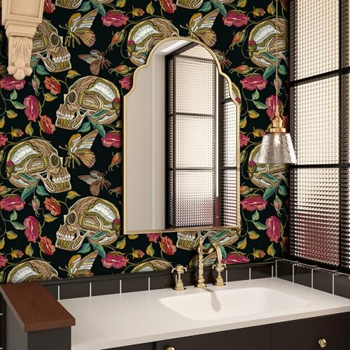 VaryPaper Schädel Tapete Selbstklebend Vintage 44.5cmx200cm Klebefolie Muster Dekofolie Gotischer Stil Fototapete Blumen Möbelfolie Schwarz Matt Schlafzimmer Tapete Badezimmer Flur Regal Schrankfolie