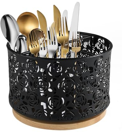 Gzsekken 360° Rotating Metal utensil holder - 4 Compartment Kitchen Cutlery Holder with wooden base Fork Spoon Napkin Caddy Organiser Flatware Rack Party Countertop Buffet Picnic Camping Outdoor