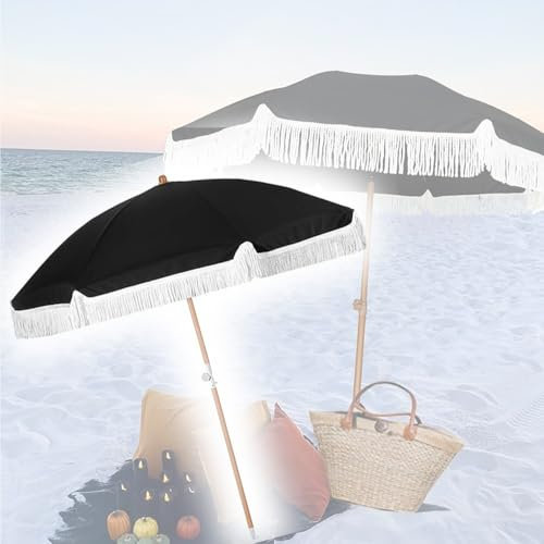 ZYXQQJ 140cm/220cm Parasol De Plage Anti UV Parasol De Jardin Extérieur Parasol À Frange Style Boho, Noir Parasol De Terrasse Extérieur(1.4m/4.5ft)