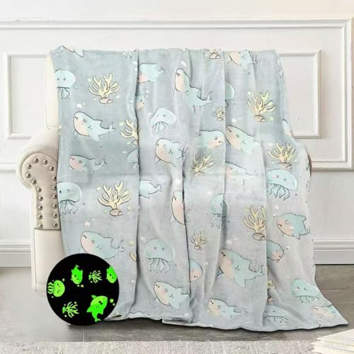 BYKOSY Glow in The Dark Blanket Shark Pattern for Unique Birthday Gifts for Girls Boys Teens, Lightweight Soft Cozy Warm Fuzzy 50×60 Blue