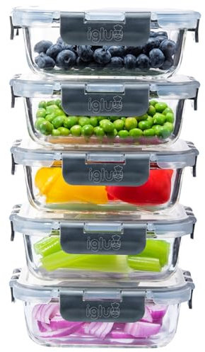 Igluu Meal Prep Petites Boîtes Repas en Verre (Lot de 5) – Couvercle hermétique et sans BPA – Compatibles micro-ondes, four, congélateur et lave-vaisselle – 370 ml – Verre Borosilicate