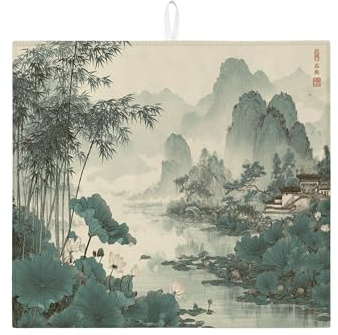 Water Lily Bamboo Dish Drying Mats For Kitchen Counter, Vintage Tranquil Aesthetic Absorbent Dish Drainer Rack Mat, Spring Microfiber Drying Pad For Kitchen Counter Coffee Bar Protector 16x18 Inch