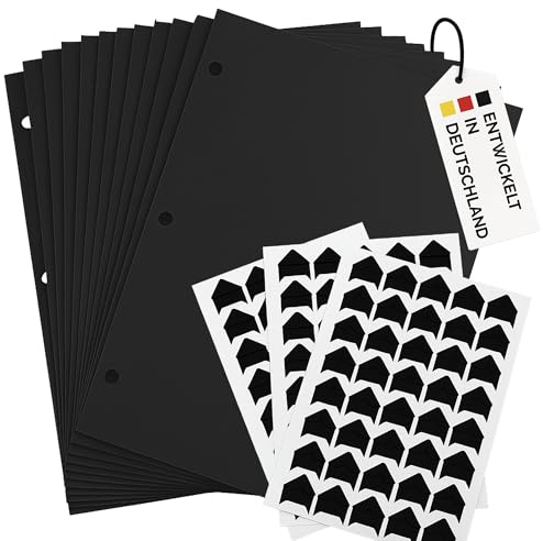 Velara Fotobuch Zubehör | 20 schwarze Premium Seiten 21x28 cm und 72 selbstklebende Fotoecken | Nachfüll-Set für das Velara Fotoalbum zum Selbstgestalten