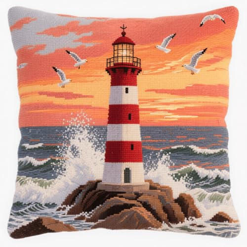 Taxpy Knüpfkissen Diy Set, Leuchtturm am Meer Knüpfpackungen für Anfänger Knüpfen Kissen Set Kreuzstich Knüpfkissen Stickerei Knüpf-Sets 43x43cm