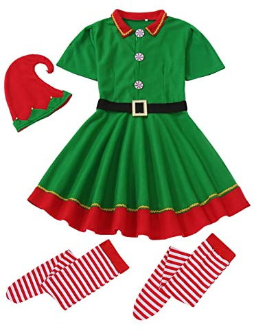 Generico Costume da Elfo Donna Costume Babbo Natale Vestito Natalizio con Cintura Cappello Calze Scarpe Abito di Flanella Set di Mrs Claus Carnevale Natale Halloween
