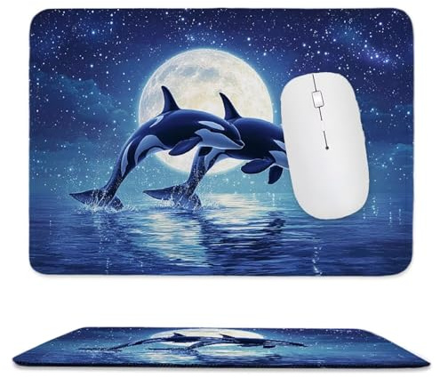 Mouse Pad Moon Killer Whale, Small Mouse Mat 24 x 20 cm with Non-Slip Rubber Base, Waterproof Mousepad, Gaming Mousemat for Women Kids Men Laptops Keyboard Tray Home Traveling Office Accessories d-989