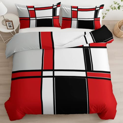 Quixora Housse de Couette 90 x 190 cm Rouge Noir Géométrique Minimaliste Parure de Lit Adulte Enfants avec Fermeture Éclair, Linge de Lit Parure Housse Couette 1 Personnes