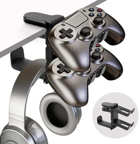 AgagaQx Support Casque Gamer et Manette Rotatif à 360°, Porte Manette PS5 Réglable, Repose Manette Xbox PS4 sous Bureau, Porte Casque Gain de Place, Repose Casque Gaming Universel, Noir