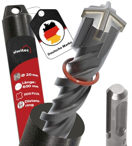 siwitec SDS Plus Bohrer 20 x 600 mm, SDS Bohrer für Stahlbeton, Stein und Beton, Steinbohrer inkl. Distanzring, Betonbohrer mit 4-Schneiden Geometrie und Doppelwendel
