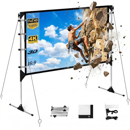 Projector Screen and Stand, Portable Projection Screen Indoor Outdoor 16:9 4K HD Wrinkle-Free Movie Screen with Carry Bag, Height Adjustable, for Home Theatre and Backyard, Camping (100 inch)