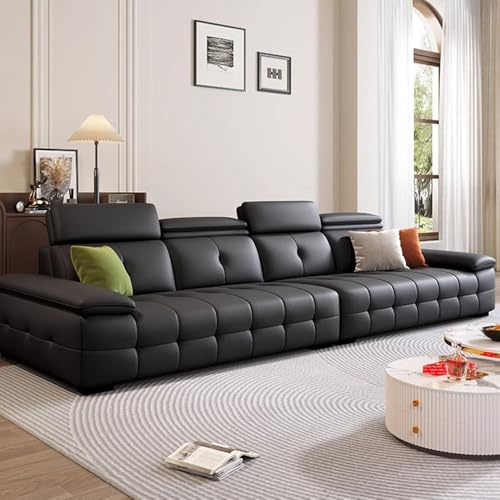 Italiensk modern minimalistisk svart lädersoffa, massiv träram, rymlig och mjuk soffa, modern stor storlek, lämplig för vardagsrum/kontor/lägenhet.