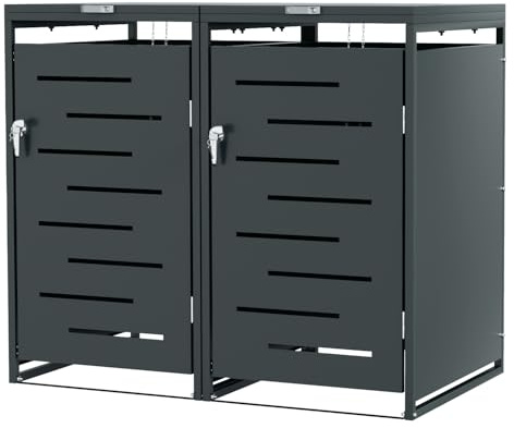 Jaxguom Mülltonnenbox 2er für 120L / 240L Tonnen, Mülltonnenverkleidung Gerätebox Anthrazit, verzinkter Stahl, wetterfest & abschließbar, mit Gasdruckdämpfer, 130 x 80 x 115 cm