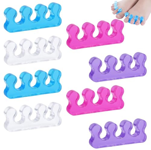 8 st silikontåavskiljare för pedikyr, mjuk tåavskiljare för nagellack och fotvård, 4 färger (blå, magenta, transparent, lila), 7,8 x 3,2 cm