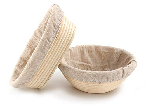 Set 2 Bread Proving Basket 22cm/8.6 inch Round + 25cm/10 inch Oval Sourdough Bread Proving Banneton Basket Bortfom Baking Tool Bowl with Linen Cloth Liner