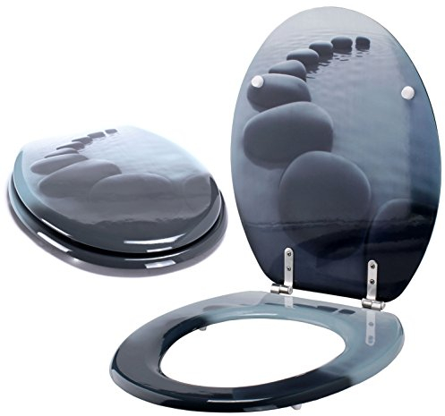 MSV WC Sitz Toilettendeckel MDF Holzkern Kieselstein Scharniere aus Edelstahl - hochwertige und stabile Qualität - Grau