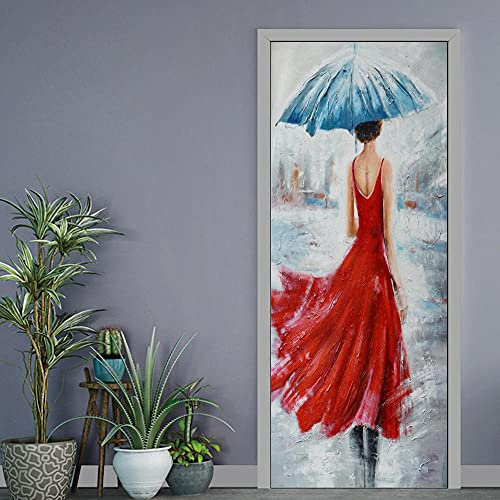 YQLKD Türfolie Türbilder Ölgemälde Regenschirm Frau Selbstklebende Türtapete PVC Home Poster Mural