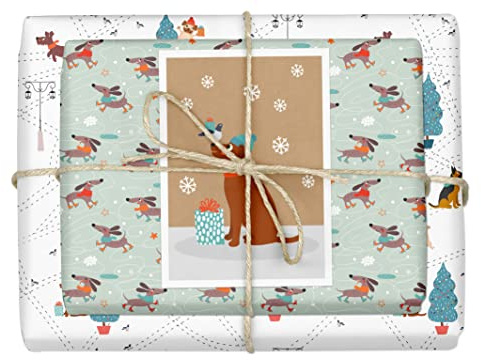 dabelino® Geschenkpapier Set Weihnachten Hunde, umweltfreundlich: 4 Bögen + 1 Karte (Mops, Dackel, Schäferhund, labrador, nachhaltig, Recyclingpapier, Hundemotiv)