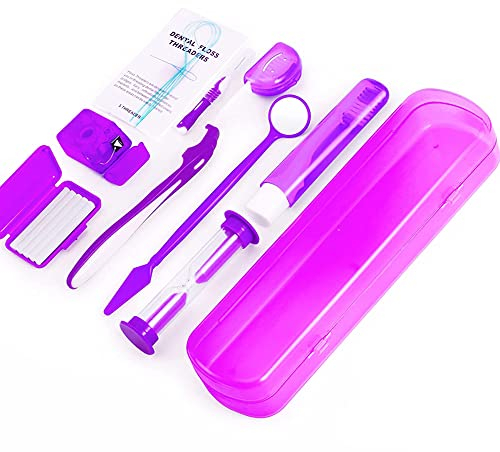 ZKSMNB Orthodontic Care Kit, Braces Kit, Portable Orthodontic Cleaning Kit, V-Brush Oral Mirror Interdental Brush Dental Floss Dental Wax Oral Care Travel 8-Piece Set (Purple)