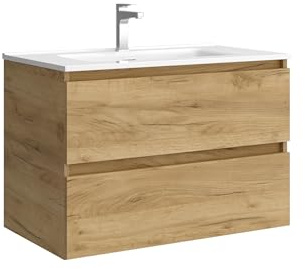 Mueble de baño Bequia 80 cm con Lavabo 100% montado de fábrica | Acabado Roble suspendido 2 cajones Cierre amortiguado Apertura con uñero | Lavabo Porcelana Blanca | Marca Salgar
