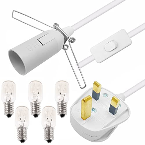 Salt Lamp Cord 1.8m with ON/OFF Switch Metal Clip and 5 Free E14 Bulbs, White Salt Lamp Power Cable Original Replacement Light Fitting Spare, for Himalayan Crystal Salt Rock Lamp - 250V 3-Pin UK Plug